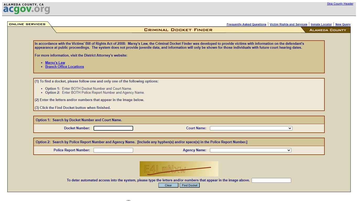 Criminal Docket Finder - Alameda County, California